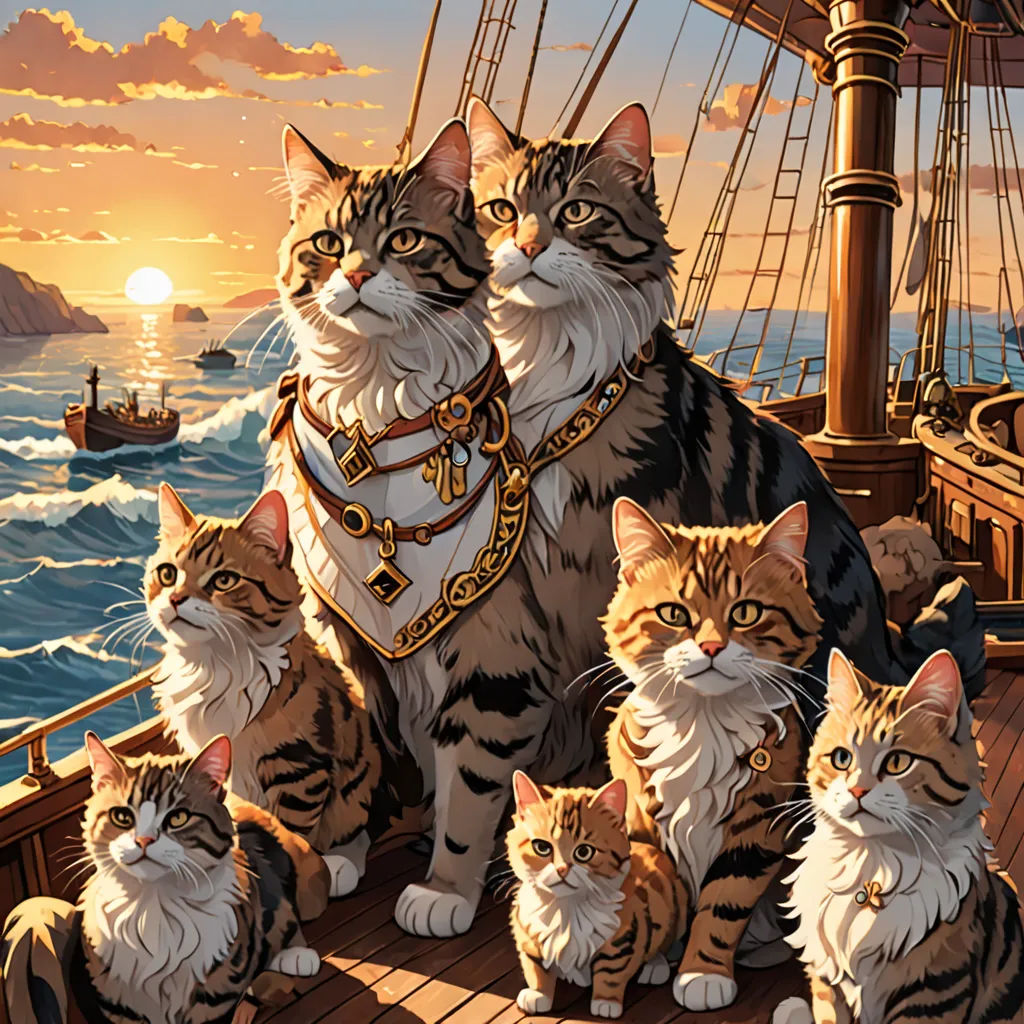a painting of a group of cats on a ship with a sunset in the background and a ship in the foreground, furry art, an album cover, Chris LaBrooy, official art