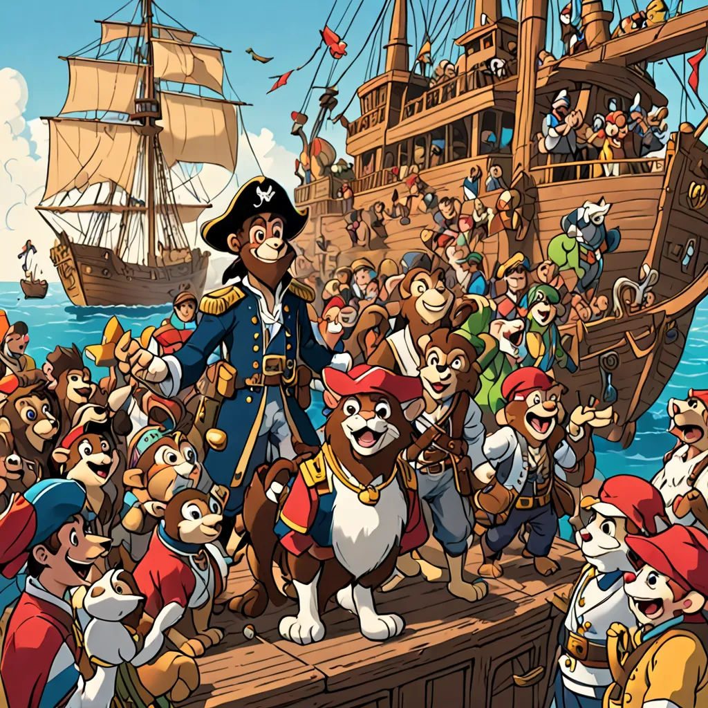 a cartoon of a pirate and his crew on a ship with a crowd of people watching them from the deck, furry art, a comic book panel, Carl Barks, promotional image