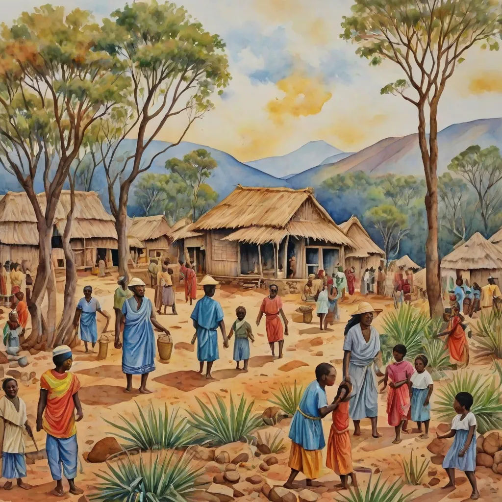 a painting of a village with people and huts in the background and a mountain range in the distance with trees, Art & Language, primitivism, a detailed matte painting, detailed painting