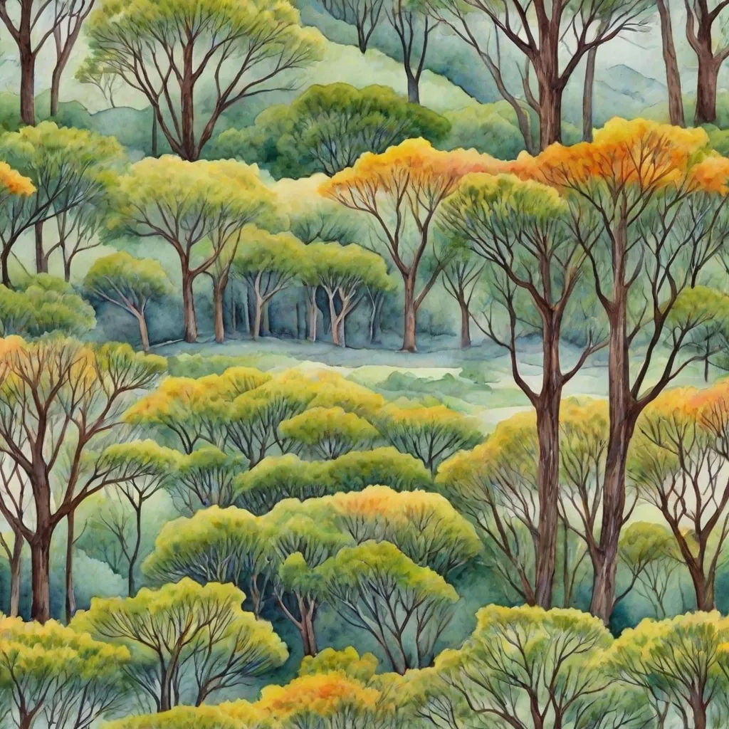 a painting of trees and hills with yellow leaves on them and green grass and trees in the background, with a blue sky, Fern Coppedge, synthetism, a detailed painting, trees