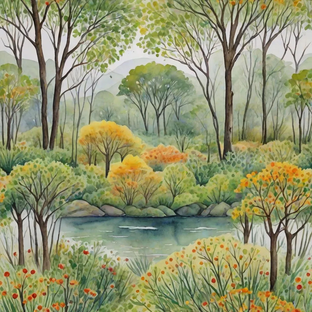 a painting of a river surrounded by trees and flowers in a forest with a stream running through it and a few trees with orange flowers, Carol Sutton, naive art, a watercolor painting, nature