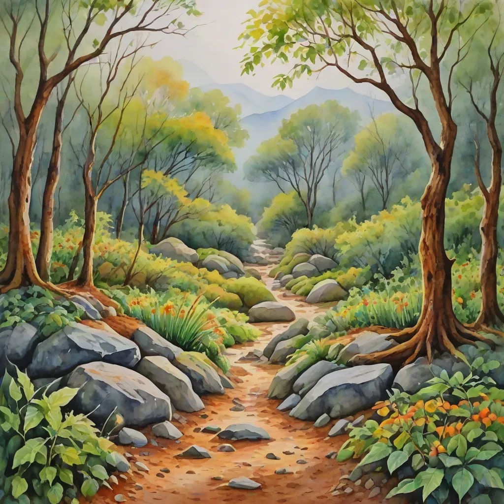 a painting of a dirt path in a forest with rocks and trees on either side of it and a mountain in the distance, Carol Sutton, american scene painting, an oil painting, landscape