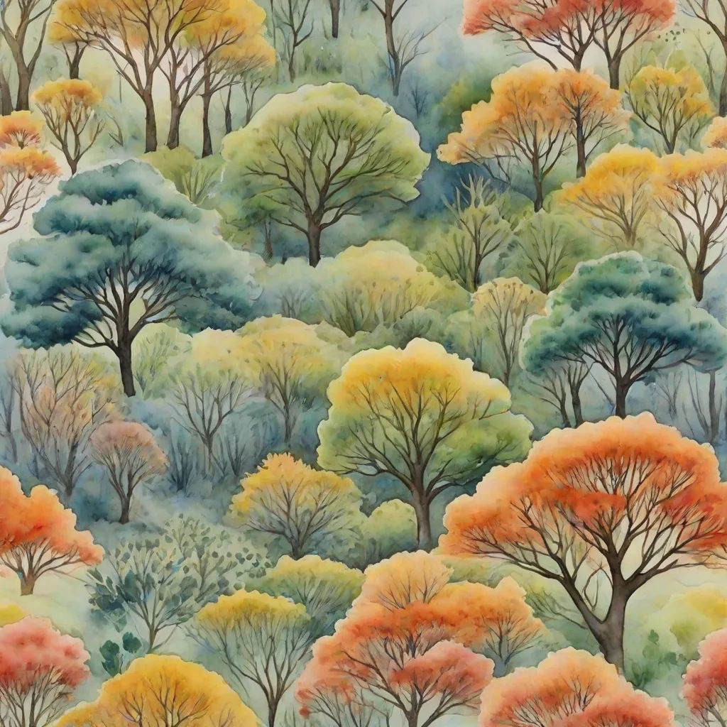 a painting of trees with orange and green leaves on them, and a blue sky background with white clouds, Eyvind Earle, sōsaku hanga, a watercolor painting, trees