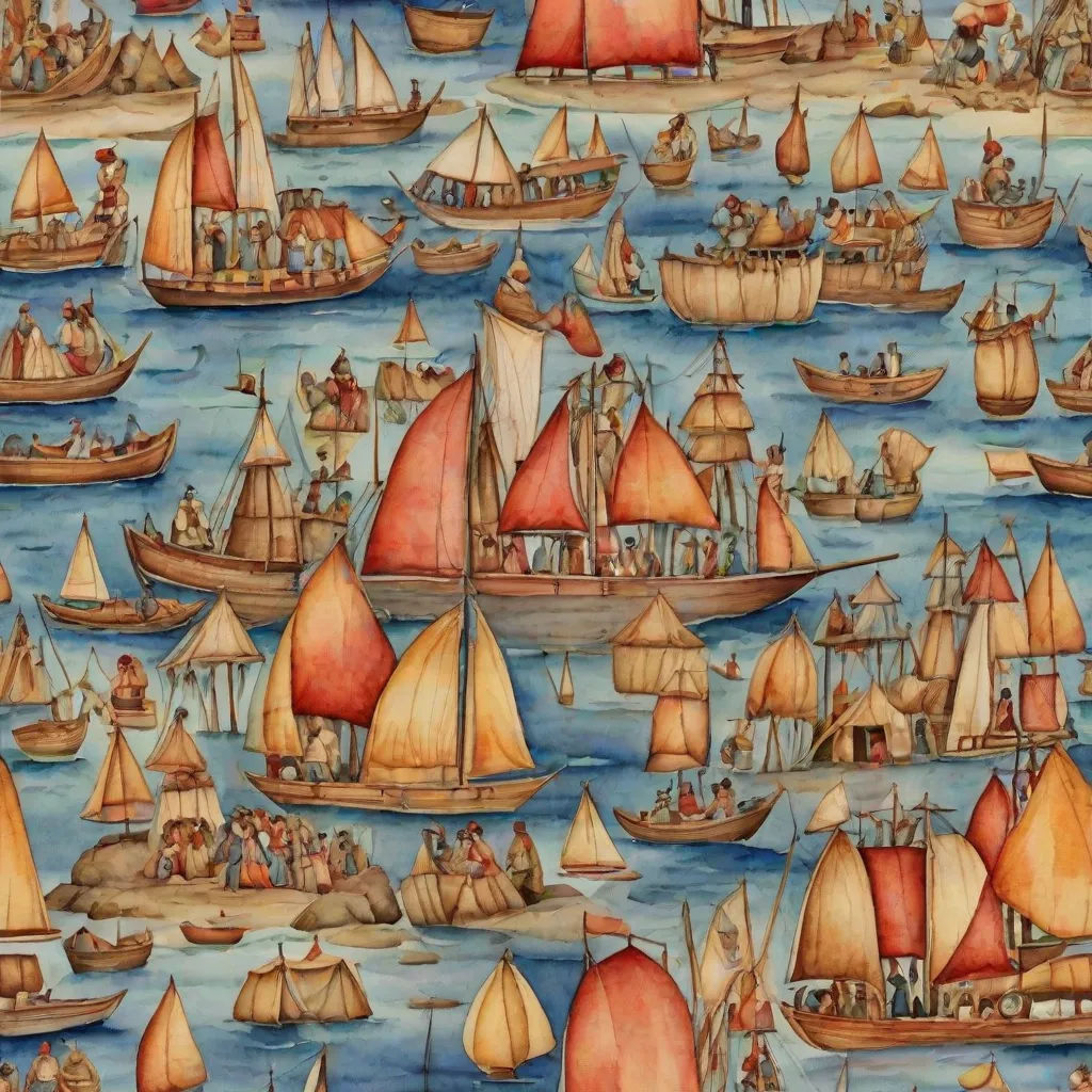 a painting of a large group of boats in the ocean with people on them and a dog on the front, Annabel Kidston, naive art, a detailed painting, detailed painting
