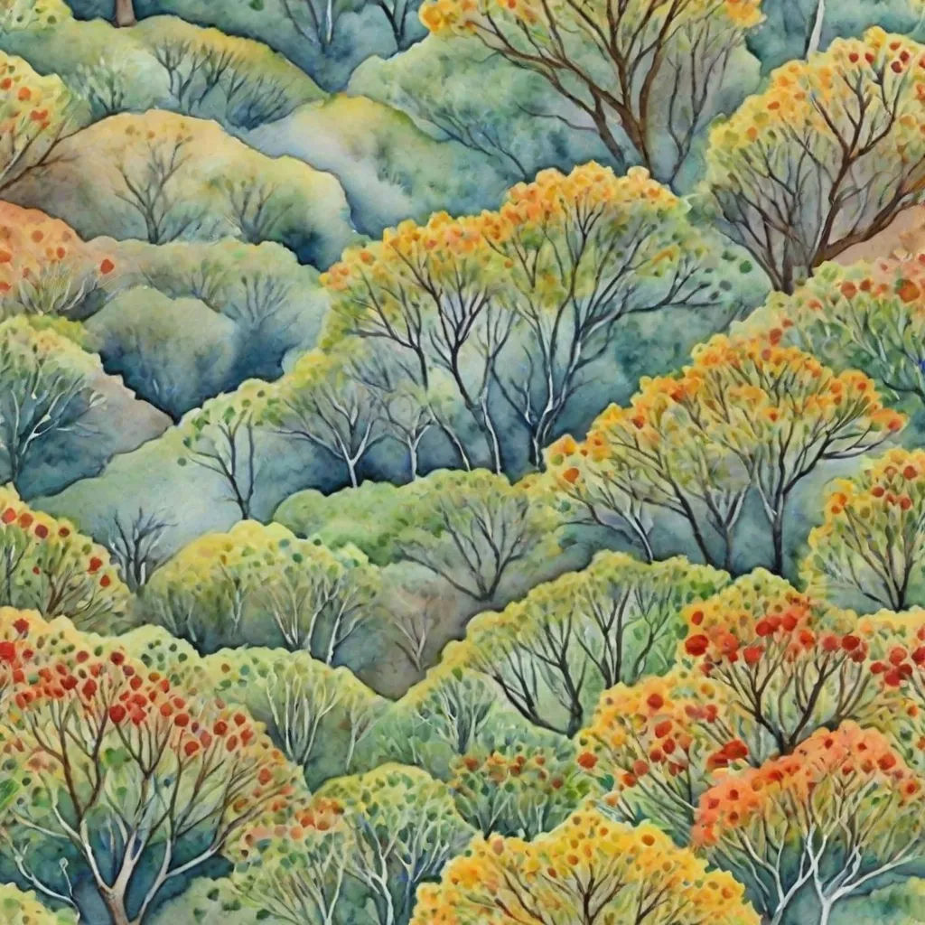 a painting of trees and bushes with orange leaves on them and a sky background with clouds and trees in the distance, Alison Kinnaird, generative art, a watercolor painting, in gouache detailed paintings