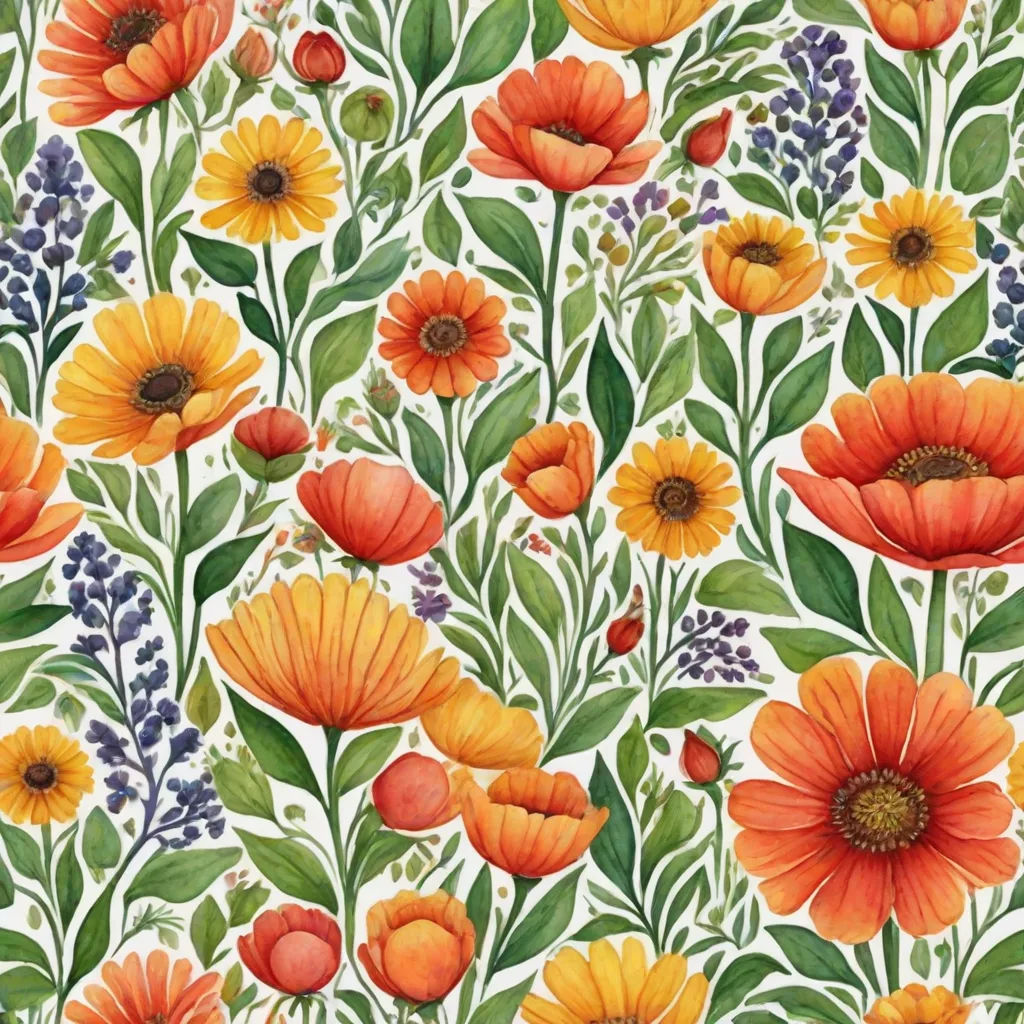 a painting of orange and yellow flowers on a white background with green leaves and flowers on the side of the painting, Annabel Kidston, arts and crafts movement, a watercolor painting, in gouache detailed paintings