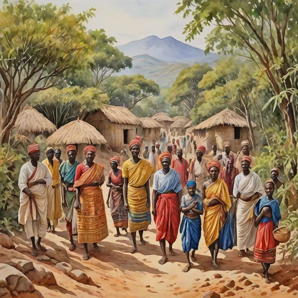 a painting of a group of people walking down a dirt road with umbrellas over their heads and a mountain in the background, Evaristo Baschenis, primitivism, a detailed matte painting, highly detailed oil painting