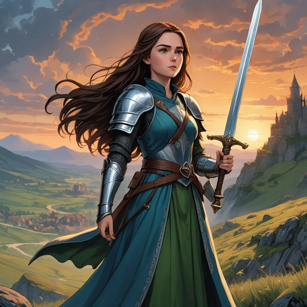 a woman in a green dress holding a sword and a sword in her hand, standing on a hill, fantasy art, a character portrait, Clint Cearley, epic fantasy character art