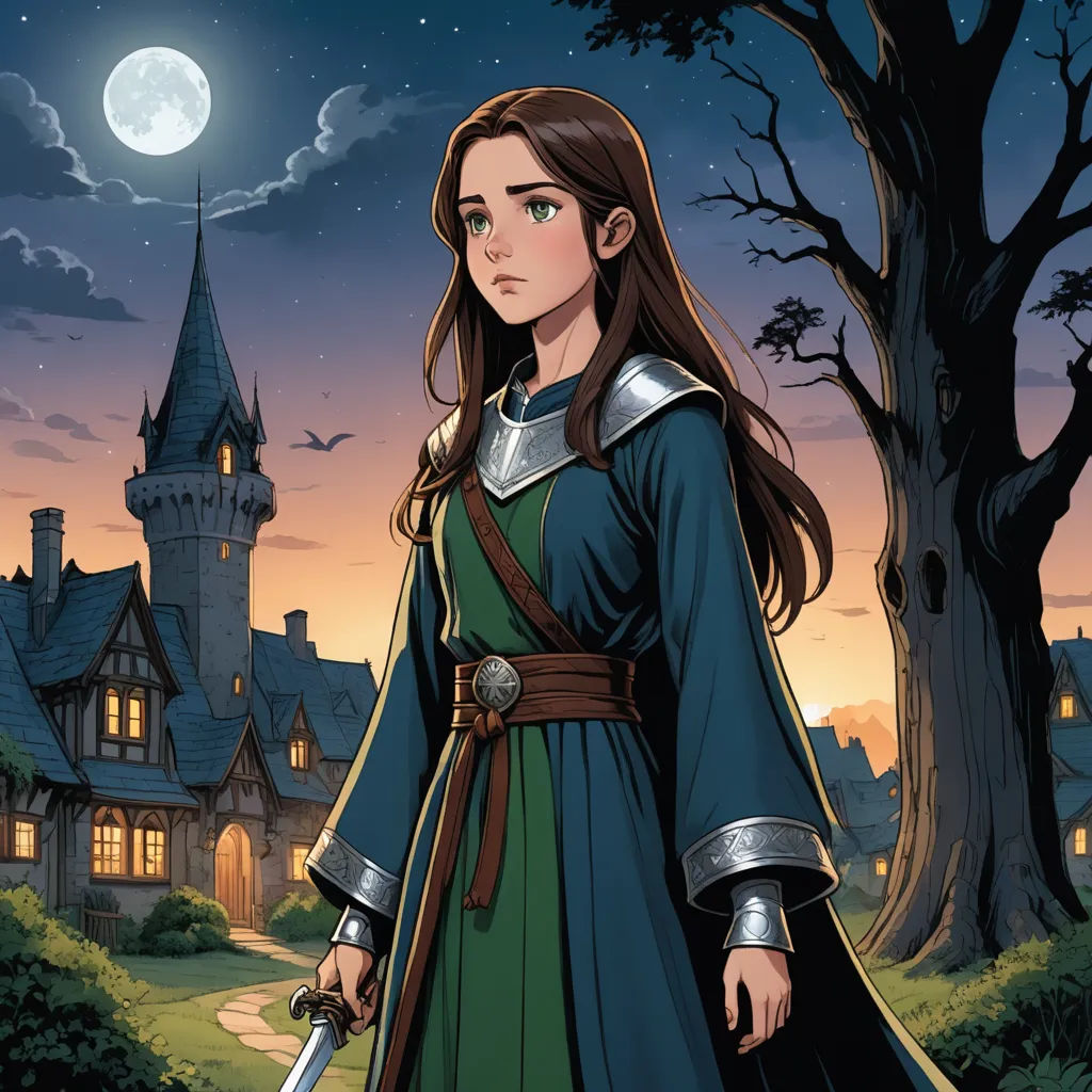a woman in a medieval dress holding a sword in front of a castle at night with a full moon, fantasy art, a storybook illustration, Evaline Ness, fantasy illustration