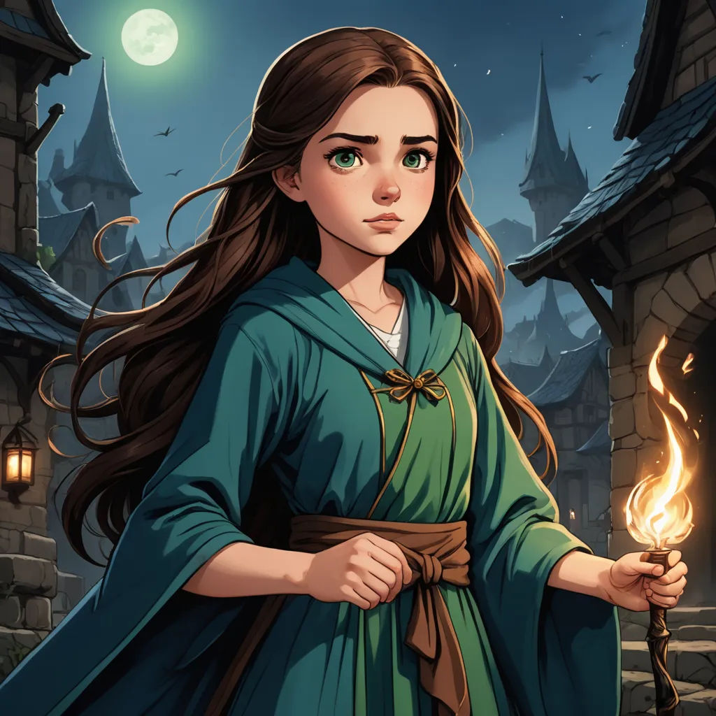 a woman in a green dress holding a lit candle in her hand and a castle in the background with a full moon, fantasy art, a character portrait, Clarice Beckett, kinkade