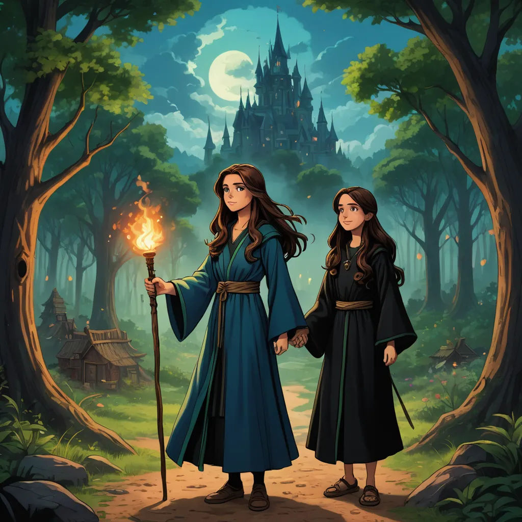 a couple of women standing next to each other in a forest holding torches and a castle in the background, fantasy art, a storybook illustration, Christophe Vacher, official art