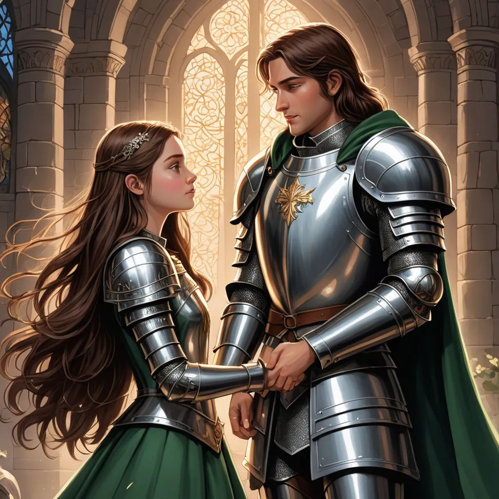 a man and a woman dressed in medieval armor standing next to each other in front of a castle doorway, fantasy art, a storybook illustration, Anne Stokes, official art