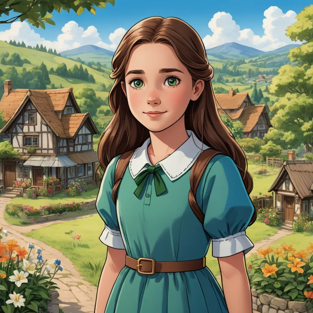 a girl in a dress standing in front of a house with a garden and flowers in front of her, remodernism, a character portrait, Anne Said, official art