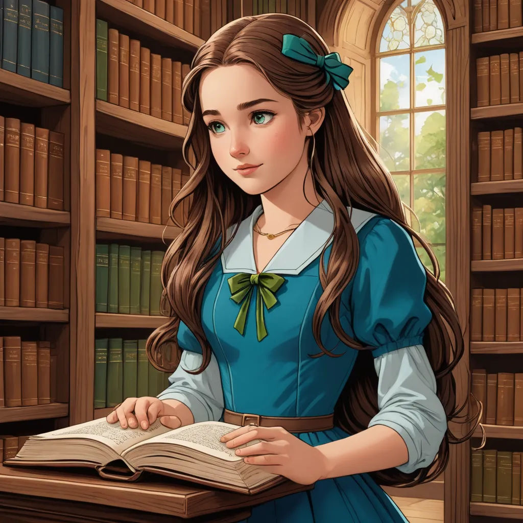 a girl in a blue dress is reading a book in a library with bookshelves behind her and a window, pre-raphaelitism, a character portrait, Clarice Beckett, character portrait