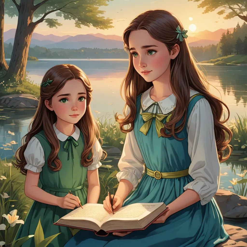 two girls are sitting on the ground and reading a book together, with a lake in the background and a sunset in the sky, serial art, a storybook illustration, Brothers Hildebrandt, storybook illustration