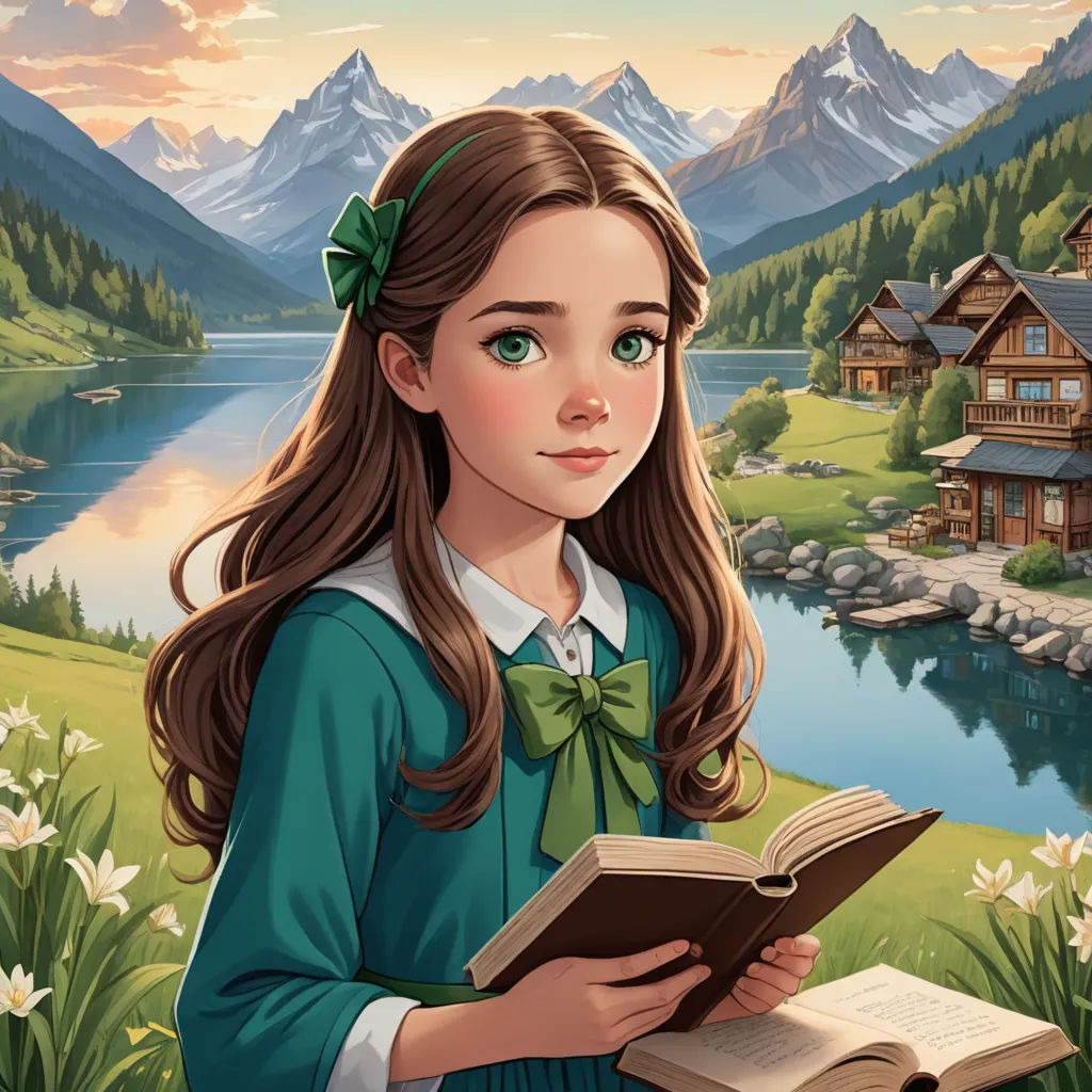a girl is reading a book in front of a lake and mountains with a house on it and a mountain range in the background, fantasy art, a storybook illustration, Elinor Proby Adams, storybook illustration