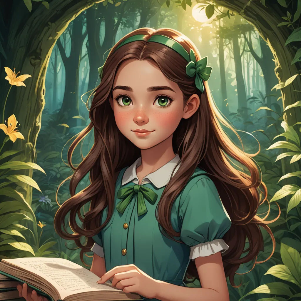 a girl in a green dress is reading a book in the woods with butterflies around her and a green bow on her head, fantasy art, a storybook illustration, Alice Prin, deviantart artstation