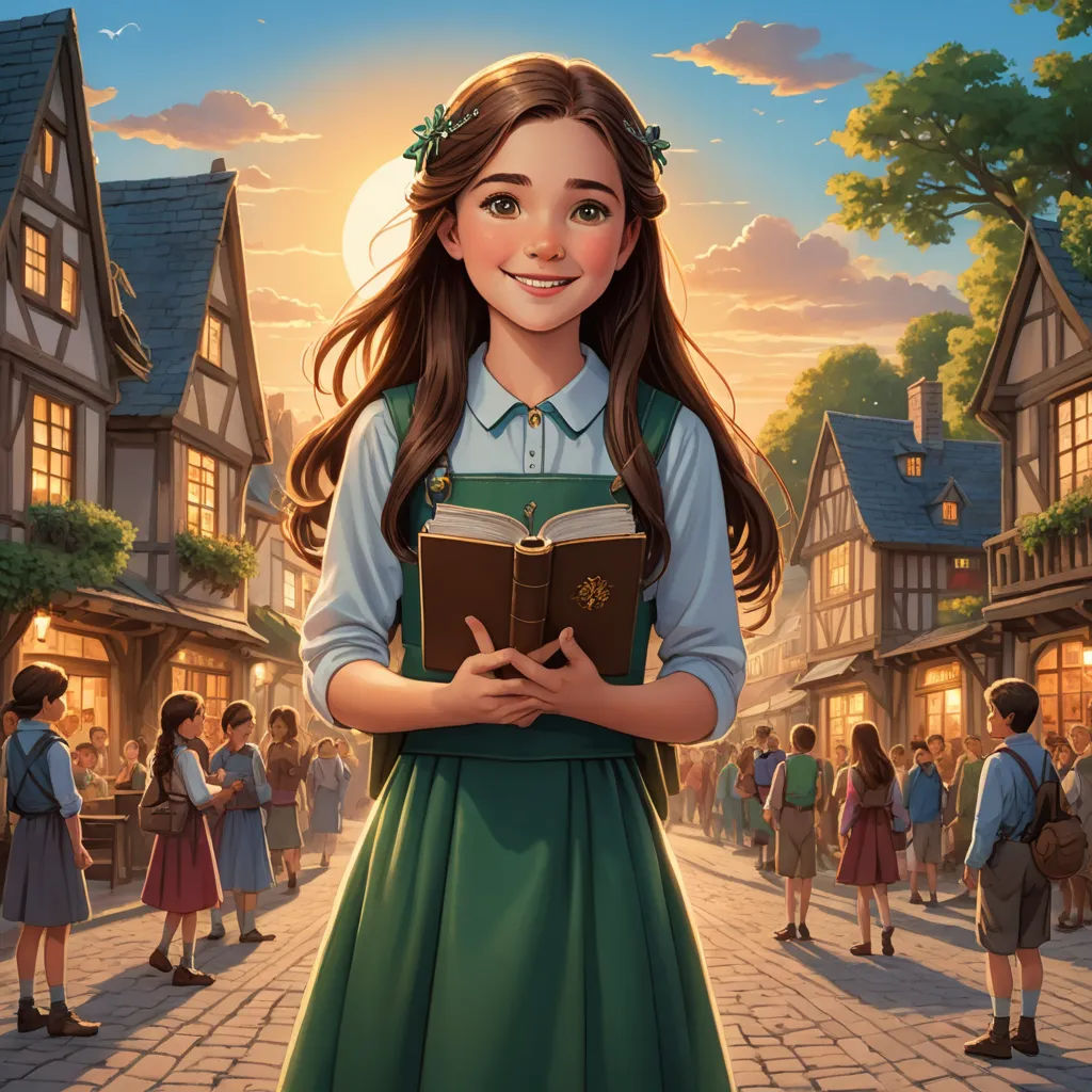 a girl in a green dress holding a book in front of a crowd of people on a street at sunset, magical realism, a storybook illustration, Constance Gordon-Cumming, kinkade