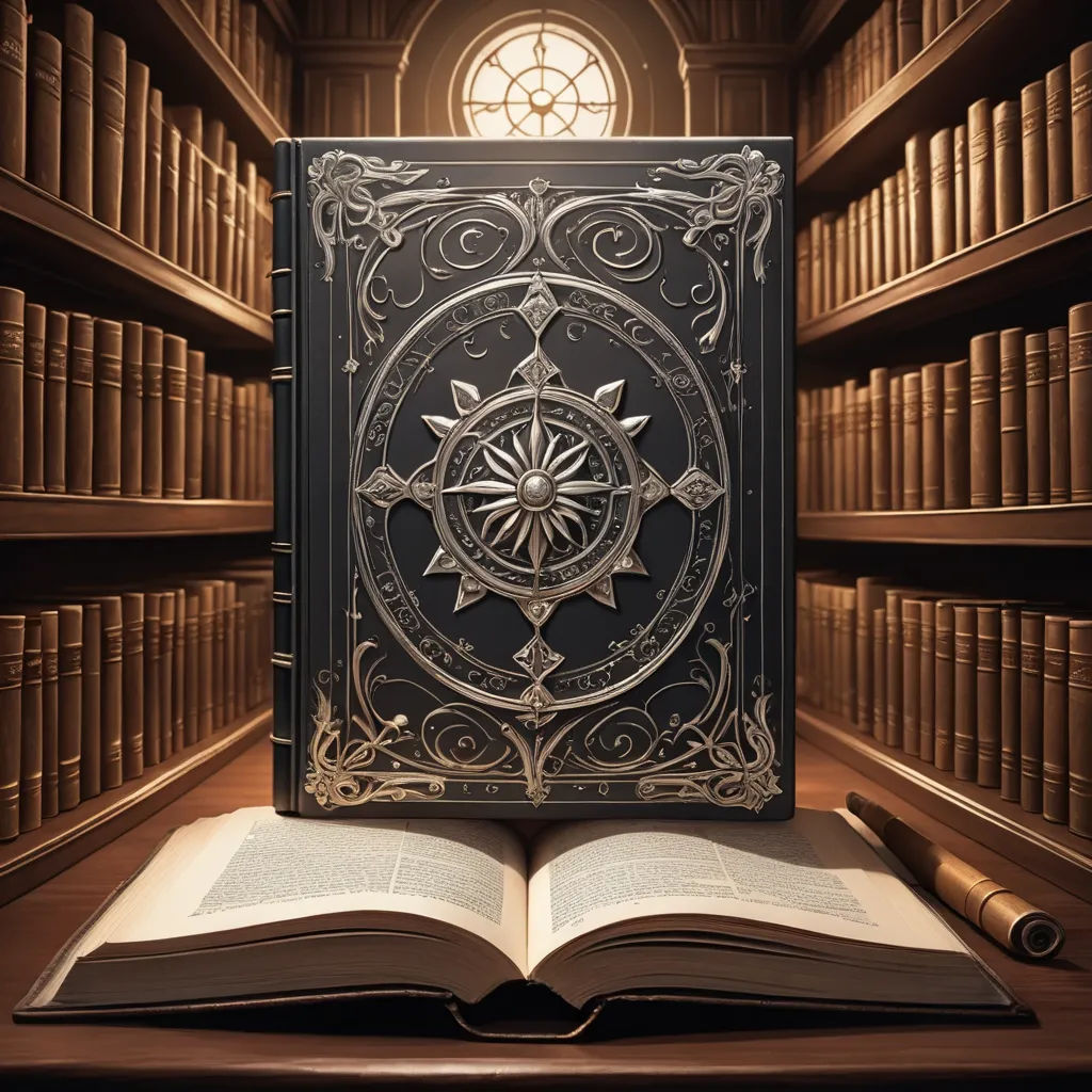 a book with a compass on it sitting in a library with bookshelves and a window in the background, fantasy art, a storybook illustration, Earnst Haeckel, unreal engine highly rendered