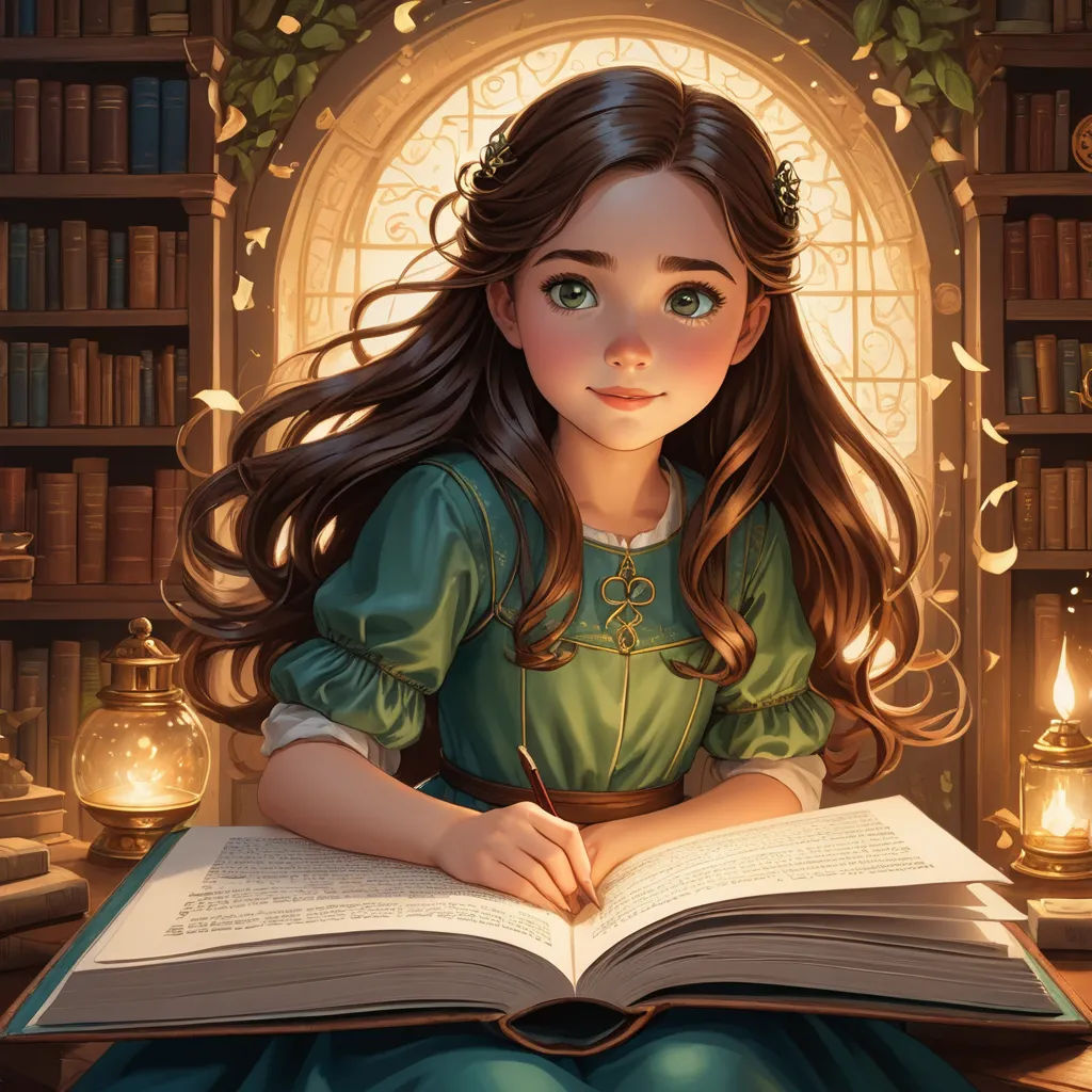 a girl sitting on a table reading a book in a library with a window behind her and a candle lit room behind her, fantasy art, a storybook illustration, Charlie Bowater, storybook illustration