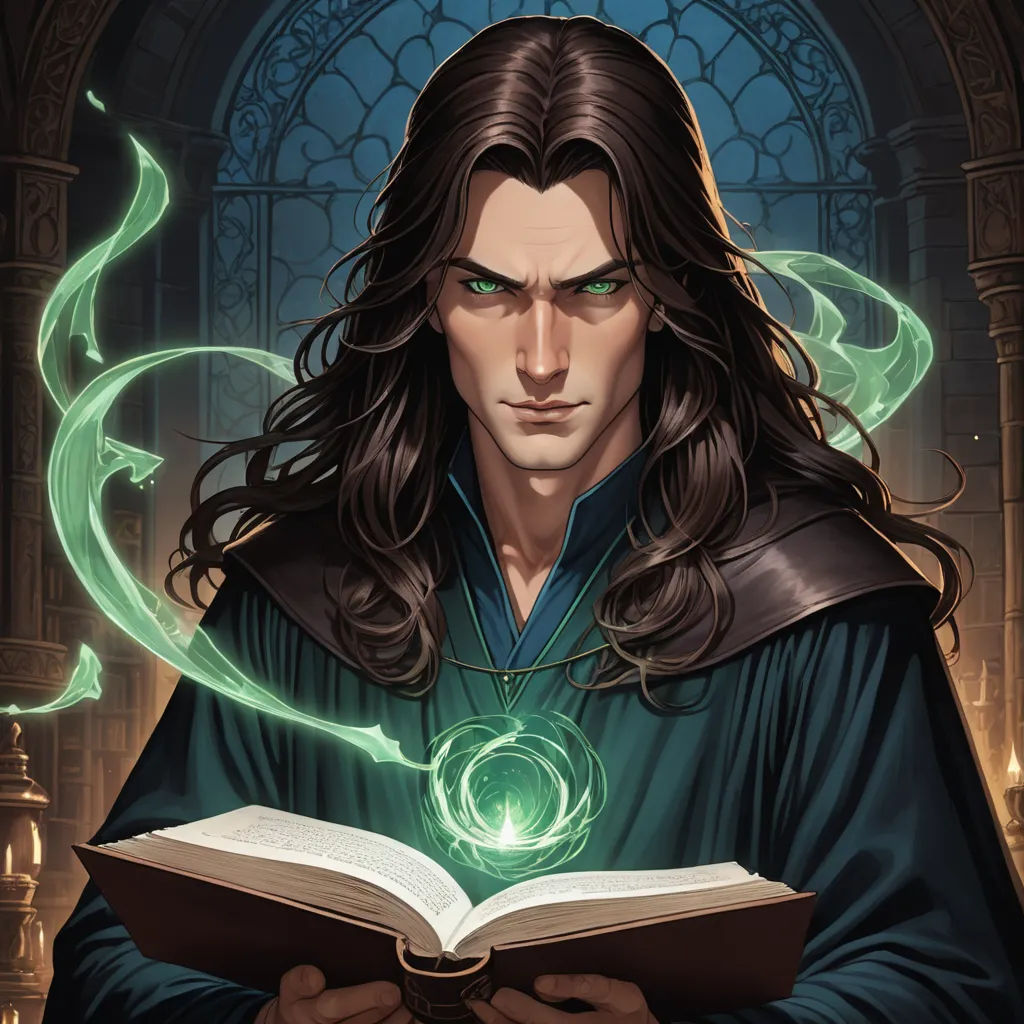 a man in a robe holding a book in his hands and a green light coming out of his eyes, fantasy art, a character portrait, Art of Brom, magic the gathering artwork