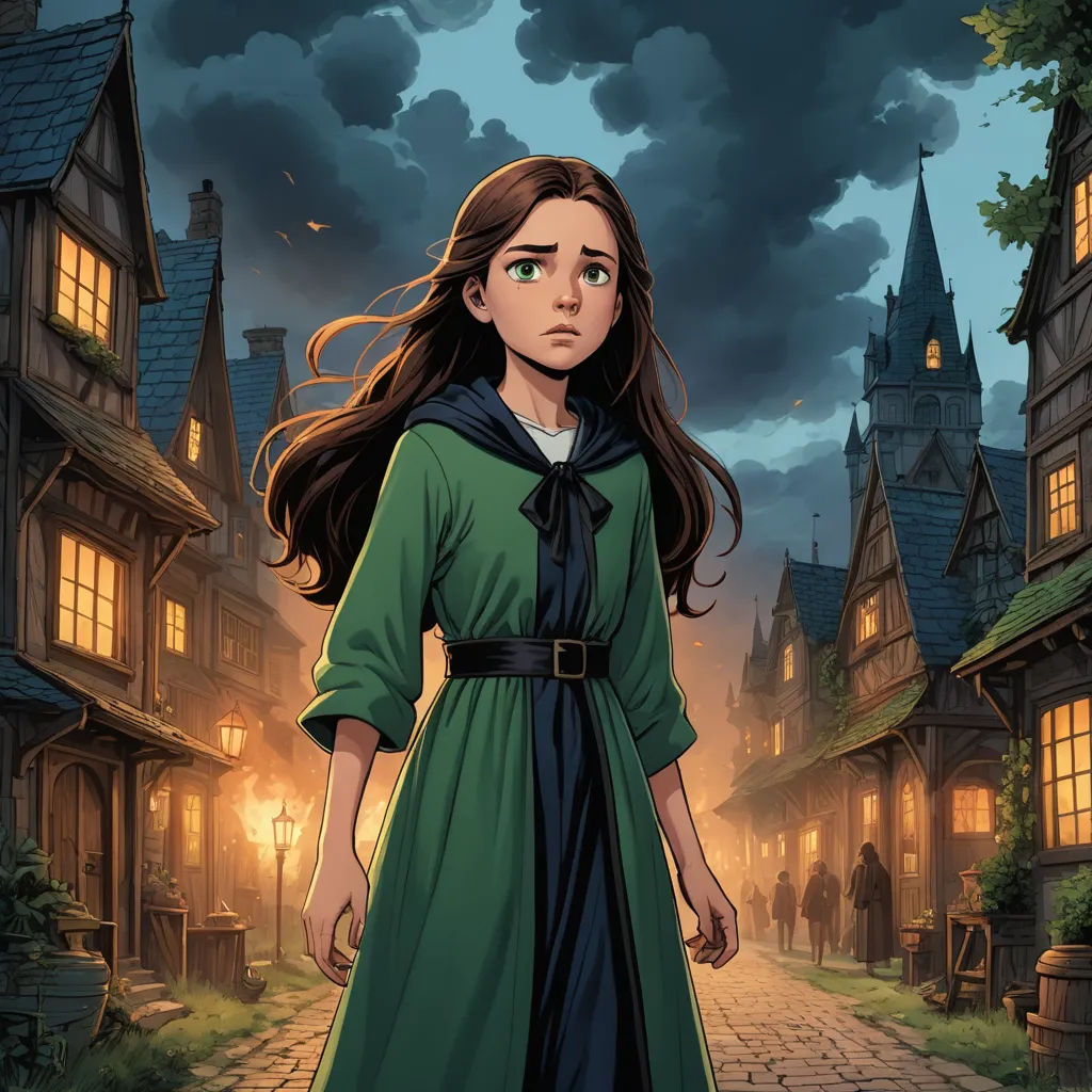 a girl in a green dress is standing in front of a dark street with a castle in the background, fantasy art, a comic book panel, Clarice Beckett, comic cover art