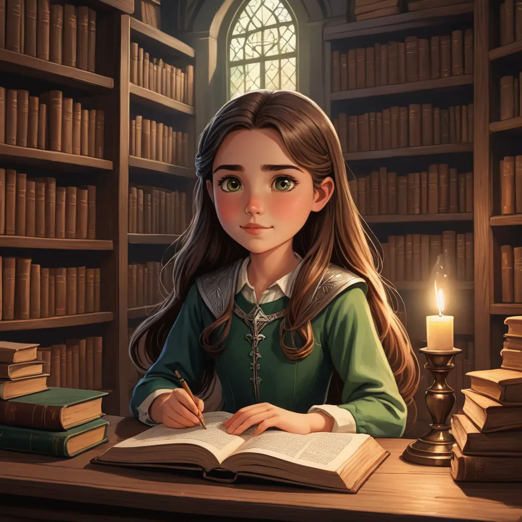 a girl sitting at a desk with a book and a candle in front of her and a bookcase full of books, fantasy art, a storybook illustration, Clarice Beckett, storybook illustration