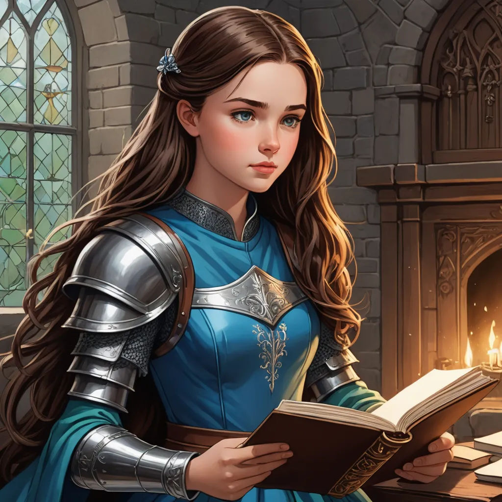 a woman in a blue dress holding a book in front of a fireplace with a lit candle in it, fantasy art, a storybook illustration, Charlie Bowater, epic fantasy character art