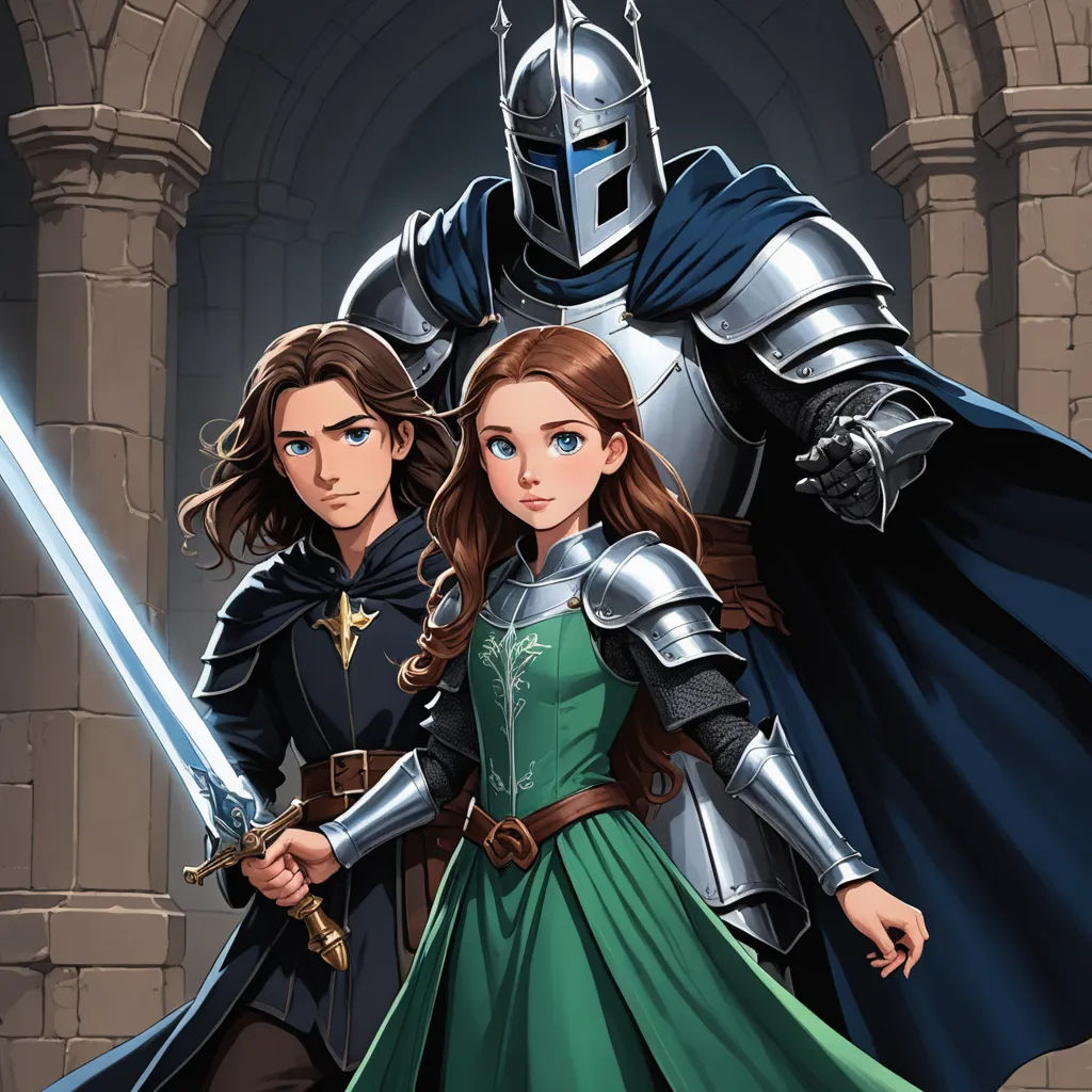a couple of people standing next to each other in front of a castle door with a sword in hand, sots art, a storybook illustration, Brothers Hildebrandt, official art