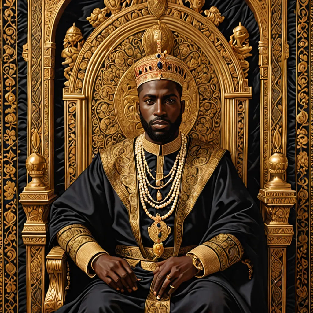 a black man in a golden crown sitting on a throne with a gold chain around his neck and a black robe on, Barkley Hendricks, afrofuturism, a hyperrealistic painting, highly detailed oil painting