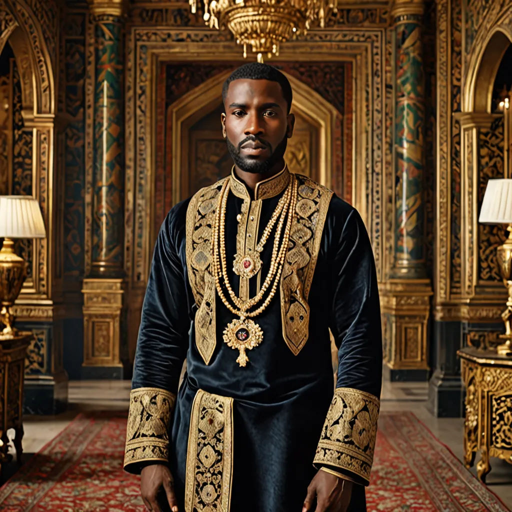 a man in a black and gold outfit standing in a room with a chandelier and a chandelier, Chinwe Chukwuogo-Roy, afrofuturism, a character portrait, promotional image