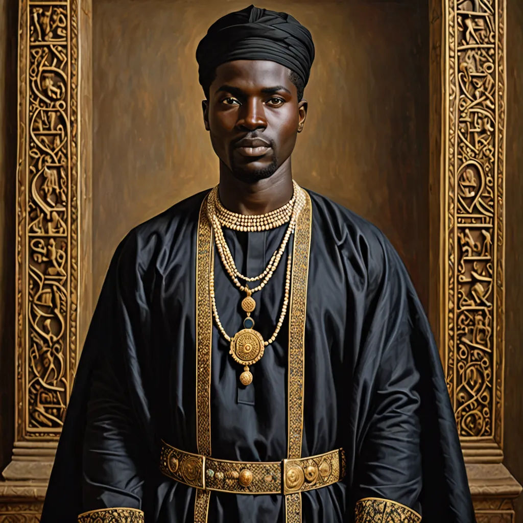 a man in a black outfit with a gold chain around his neck and a black turban on his head, Dino Valls, hyperrealism, a hyperrealistic painting, hyper real