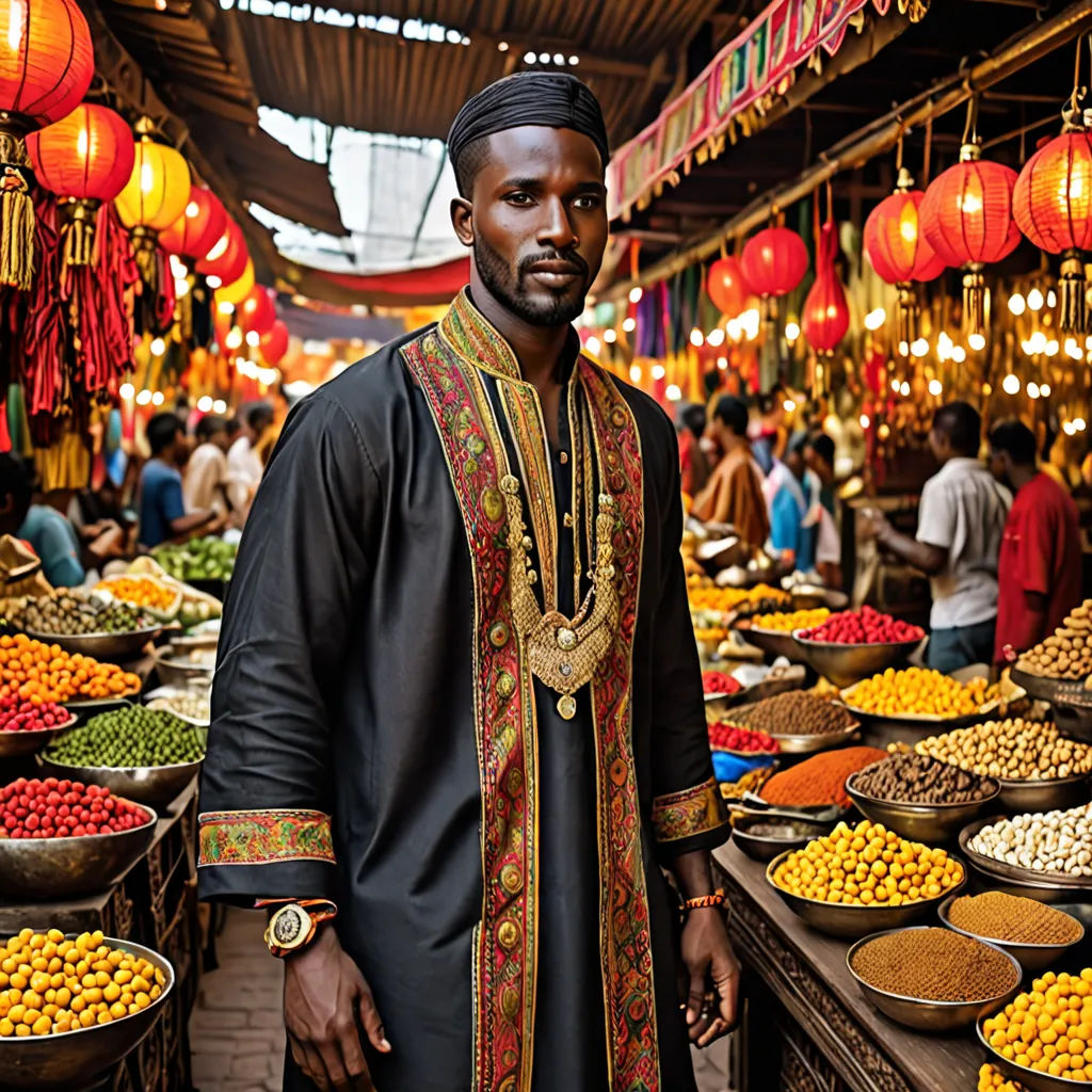 a man standing in front of a market filled with lots of food items and lights hanging from the ceiling, Altoon Sultan, afrofuturism, a character portrait, orientalism