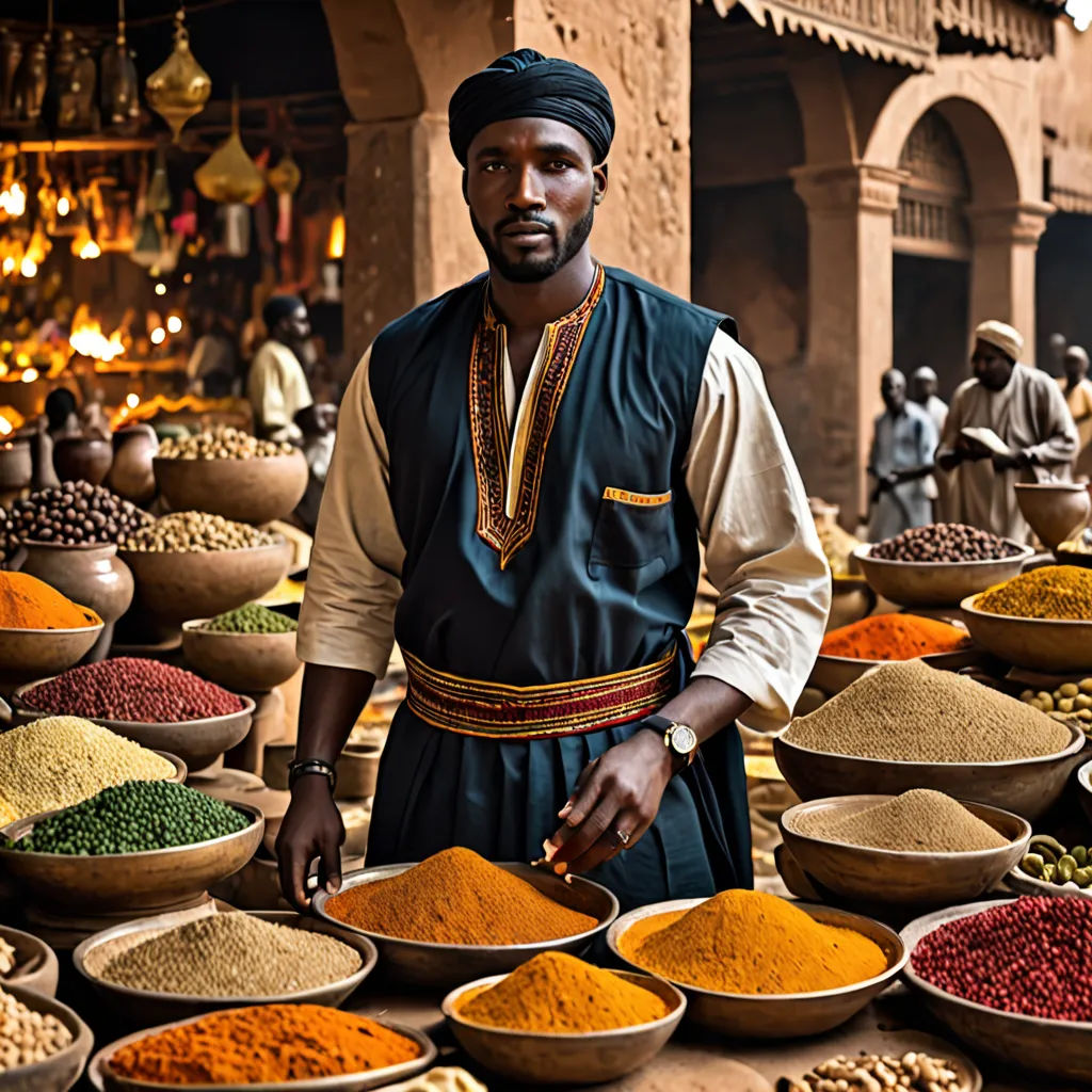 a man standing in front of a large assortment of spices and grains in bowls and bowls on a table, Chafik Charobim, afrofuturism, a stock photo, behance hd