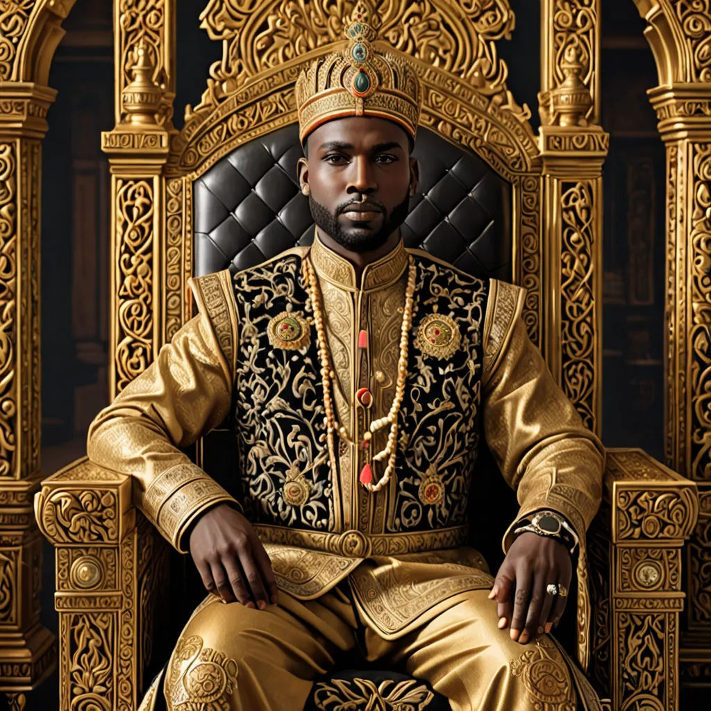 a man in a gold suit sitting on a throne with a crown on his head and a chain around his neck, Chinwe Chukwuogo-Roy, afrofuturism, a character portrait, regal