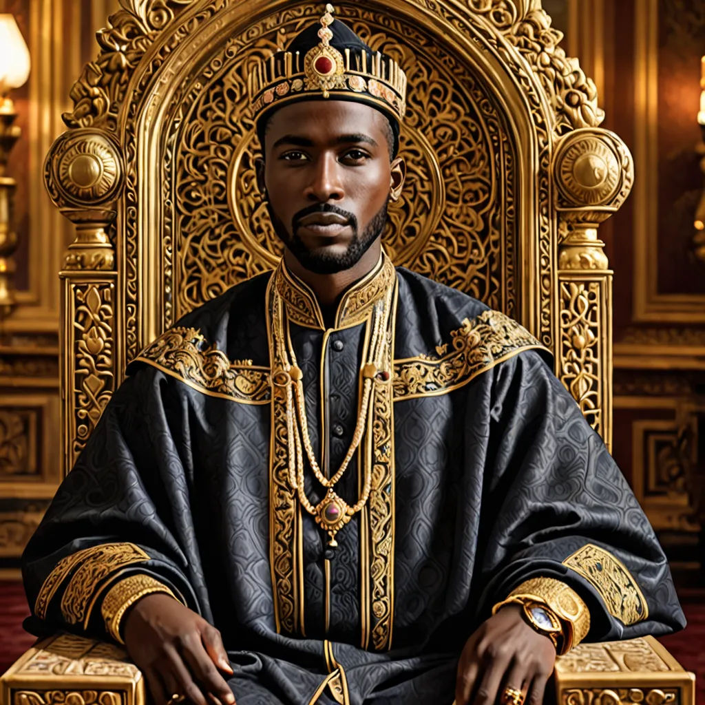 a man in a black and gold outfit sitting on a gold throne with a cross on it's chest, Altoon Sultan, afrofuturism, a poster, regal