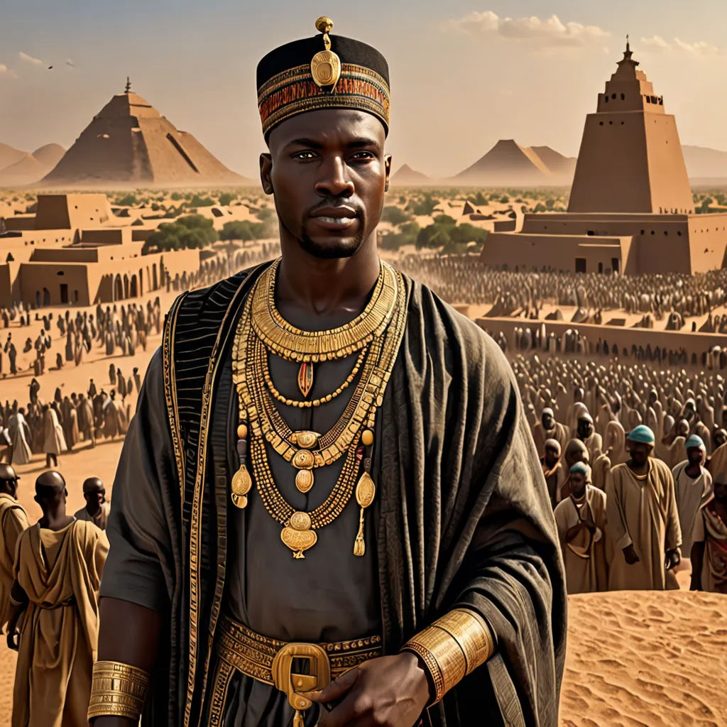 a man in a costume standing in front of a desert scene with pyramids in the background and a crowd of people in the foreground, Chinwe Chukwuogo-Roy, afrofuturism, a detailed matte painting, promotional image