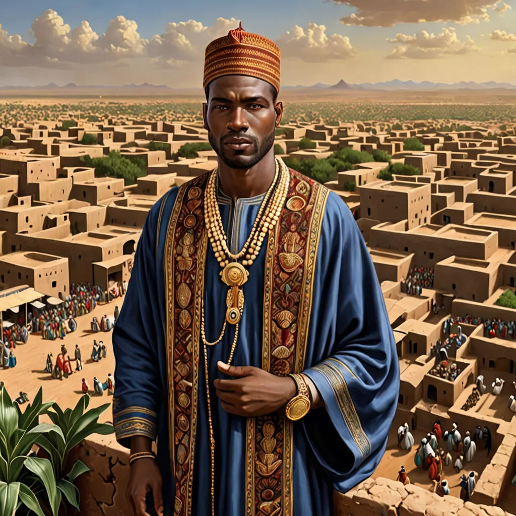 a man in a blue outfit standing in front of a village with people in it and a sky background, Altichiero, afrofuturism, a detailed matte painting, highly detailed digital painting