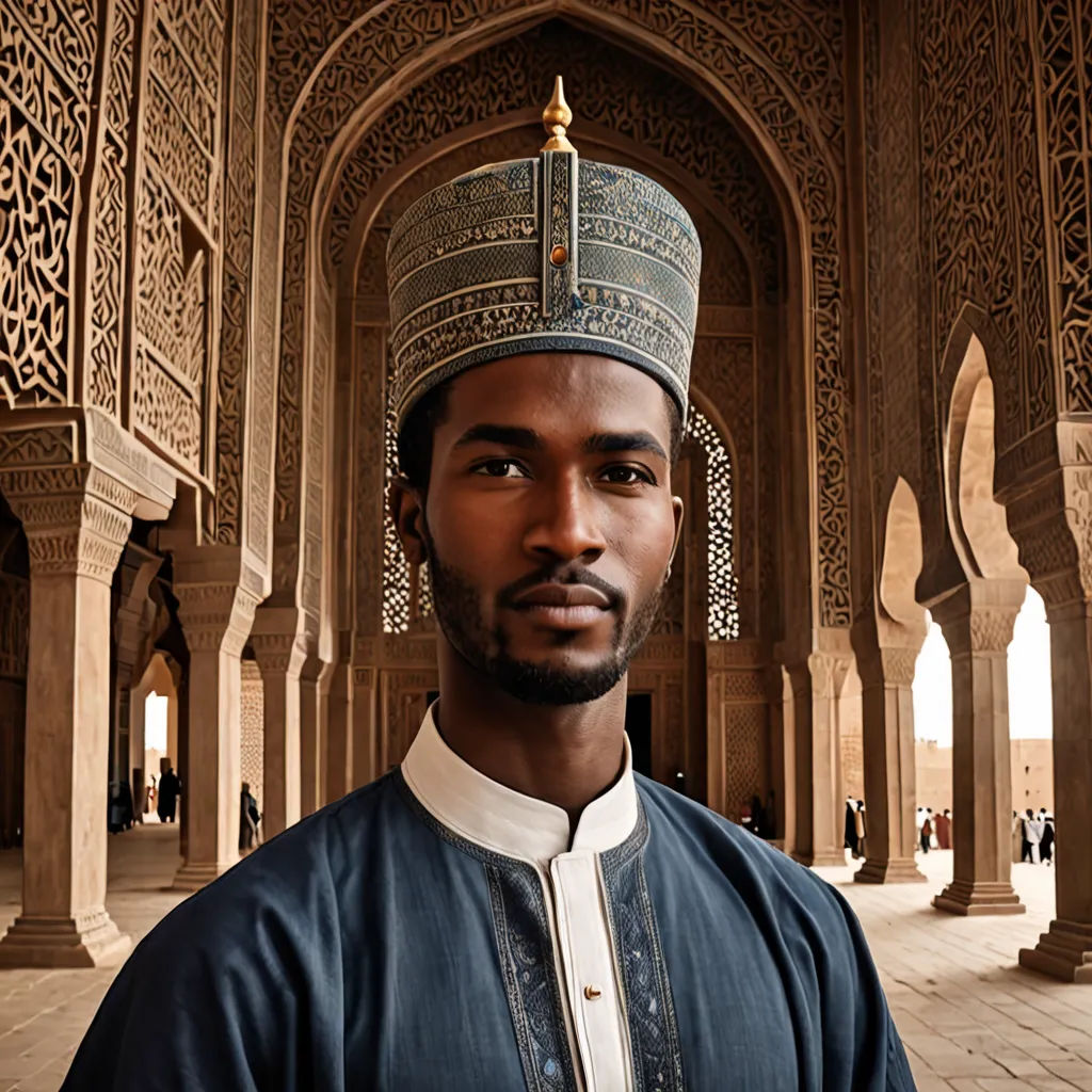 a man in a blue outfit standing in a building with arches and pillars and a gold crown on his head, Farid Mansour, photorealism, a photorealistic painting, orientalism