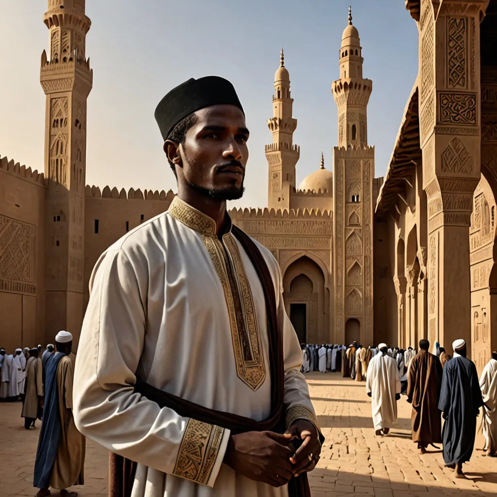 a man in a white outfit standing in front of a building with a clock tower in the background and a crowd of people in the background, Chris LaBrooy, hurufiyya, egyptian art, orientalism