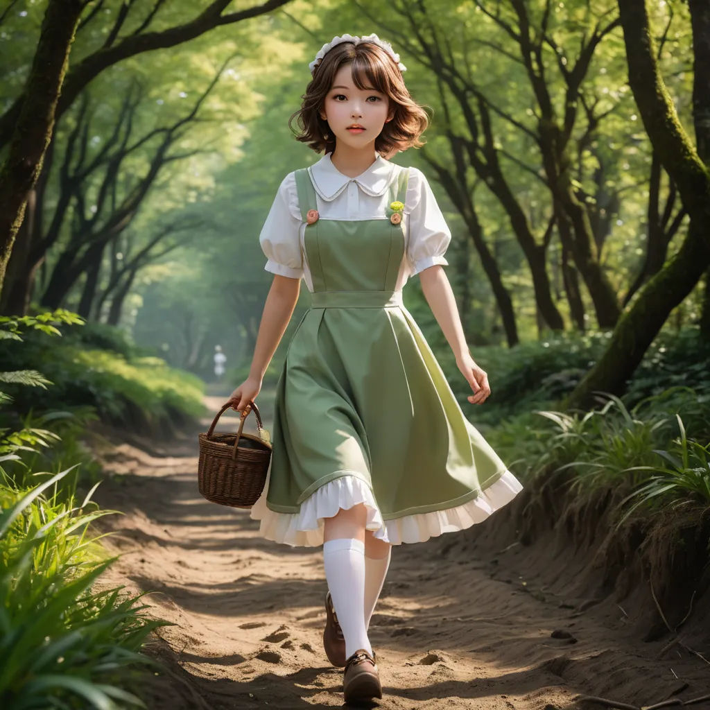a woman in a green dress walking down a dirt road with a basket in her hand and trees in the background, arts and crafts movement, a colorized photo, Alice Prin, anime visual