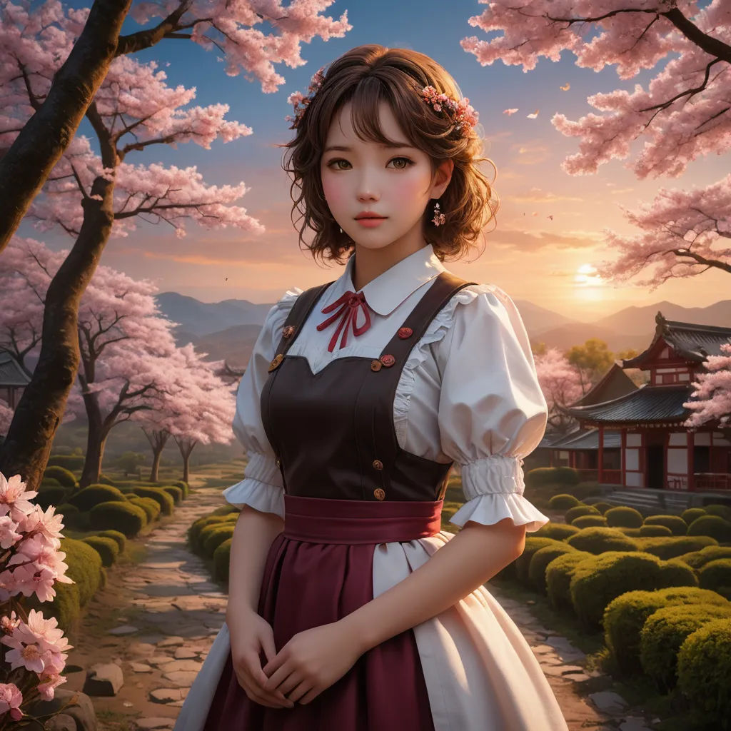 a woman in a dress standing in front of a tree with pink flowers in the background and a sunset, fantasy art, a photorealistic painting, Artgerm, rossdraws global illumination