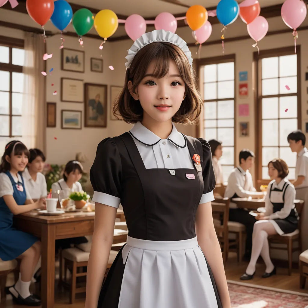 a girl in a waitress outfit standing in a room with balloons hanging from the ceiling and people sitting at tables, dau-al-set, a stock photo, Du Qiong, girl