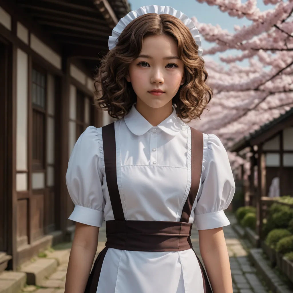 a woman in a white dress and brown suspenders standing in front of a cherry blossom tree with a house in the background, aestheticism, a character portrait, Chizuko Yoshida, sakimichan