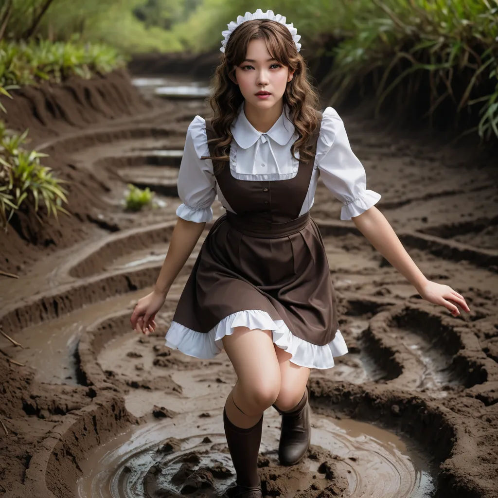 a woman in a brown dress is walking through mud puddles in a field with grass and trees in the background, neo-romanticism, a character portrait, Ayami Kojima, cosplay