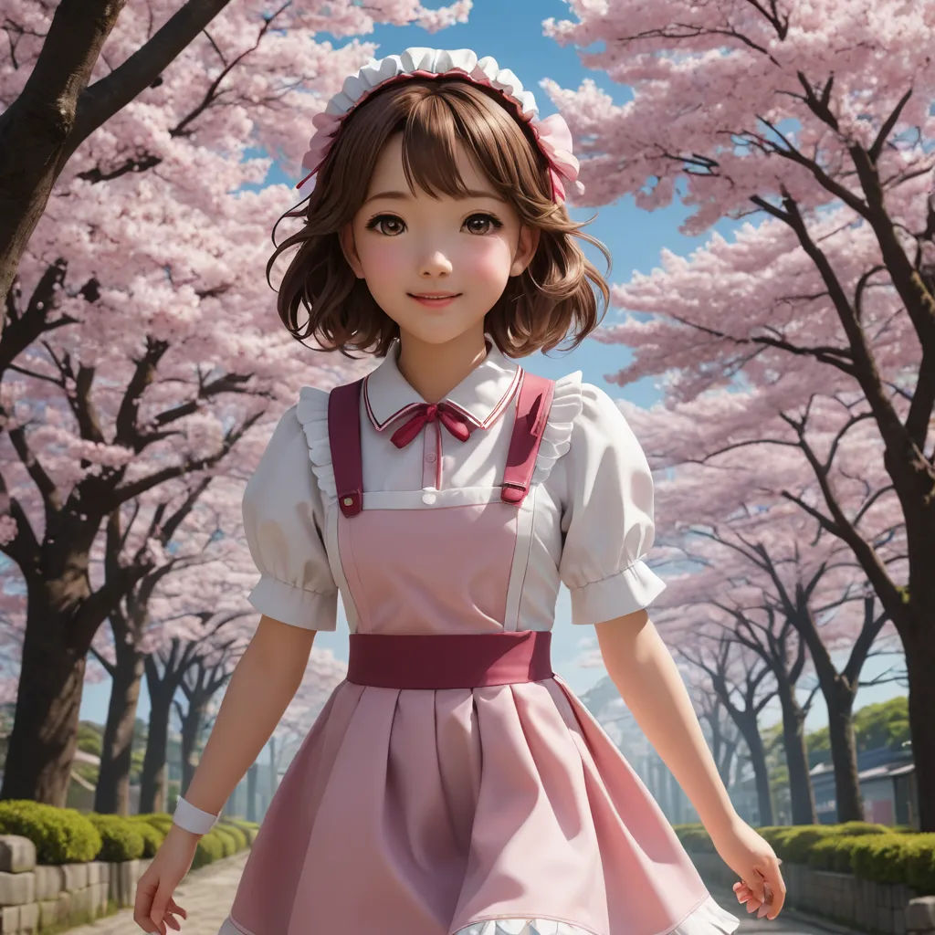 a girl in a pink dress is walking down a street with cherry trees in the background and a blue sky, photorealism, a photorealistic painting, Artgerm, rossdraws global illumination