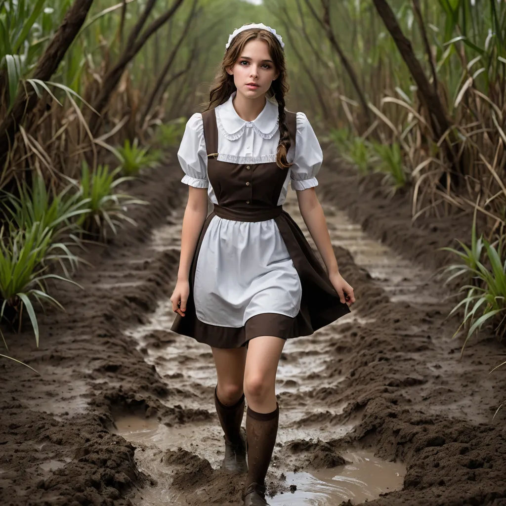 a woman in a dress and boots walking through mud in a forest area with trees and grass in the background, magical realism, a character portrait, Alice Prin, promotional image