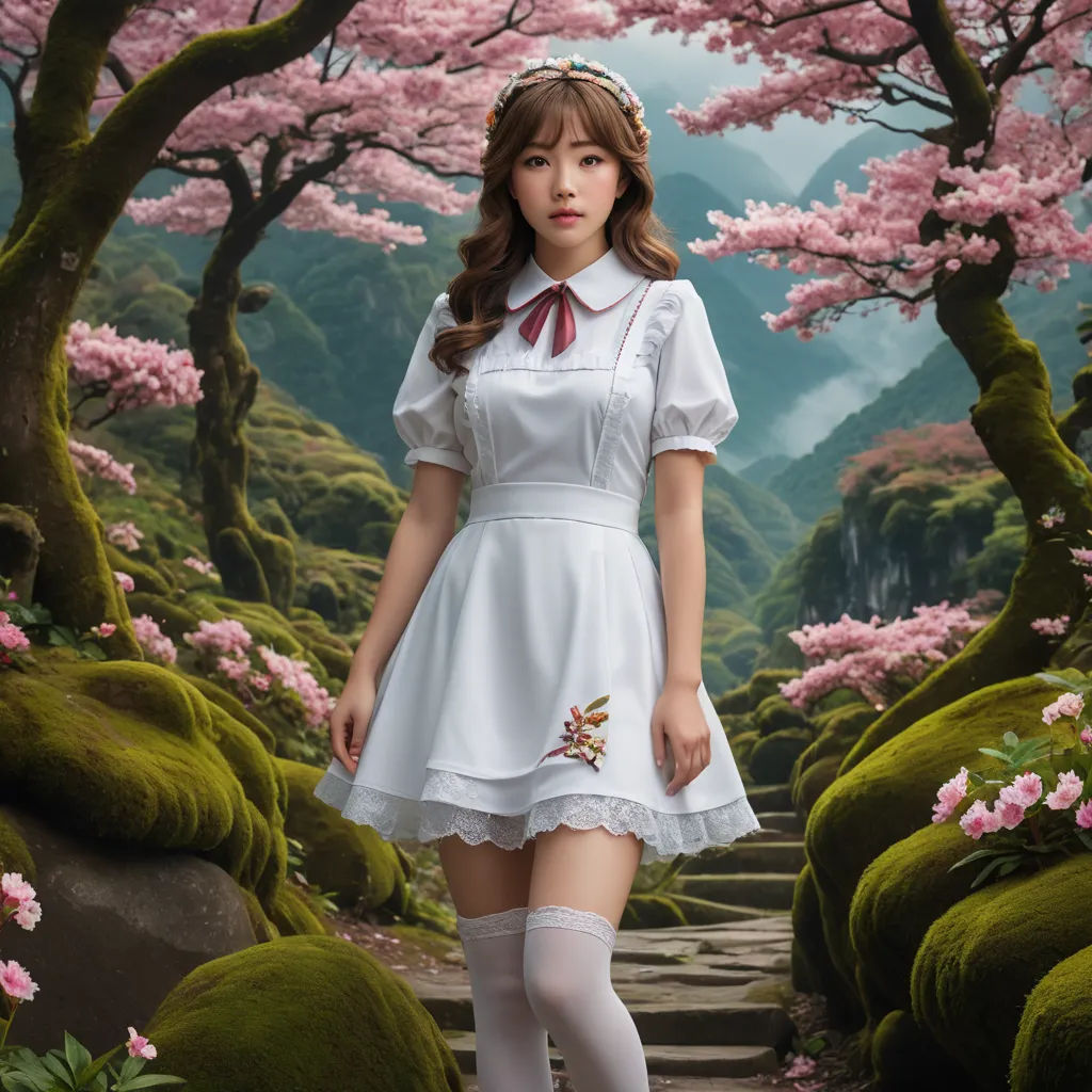 a woman in a white dress and red bow tie standing in a forest with pink flowers and mossy rocks, magical realism, a photorealistic painting, Alice Prin, fantasy style