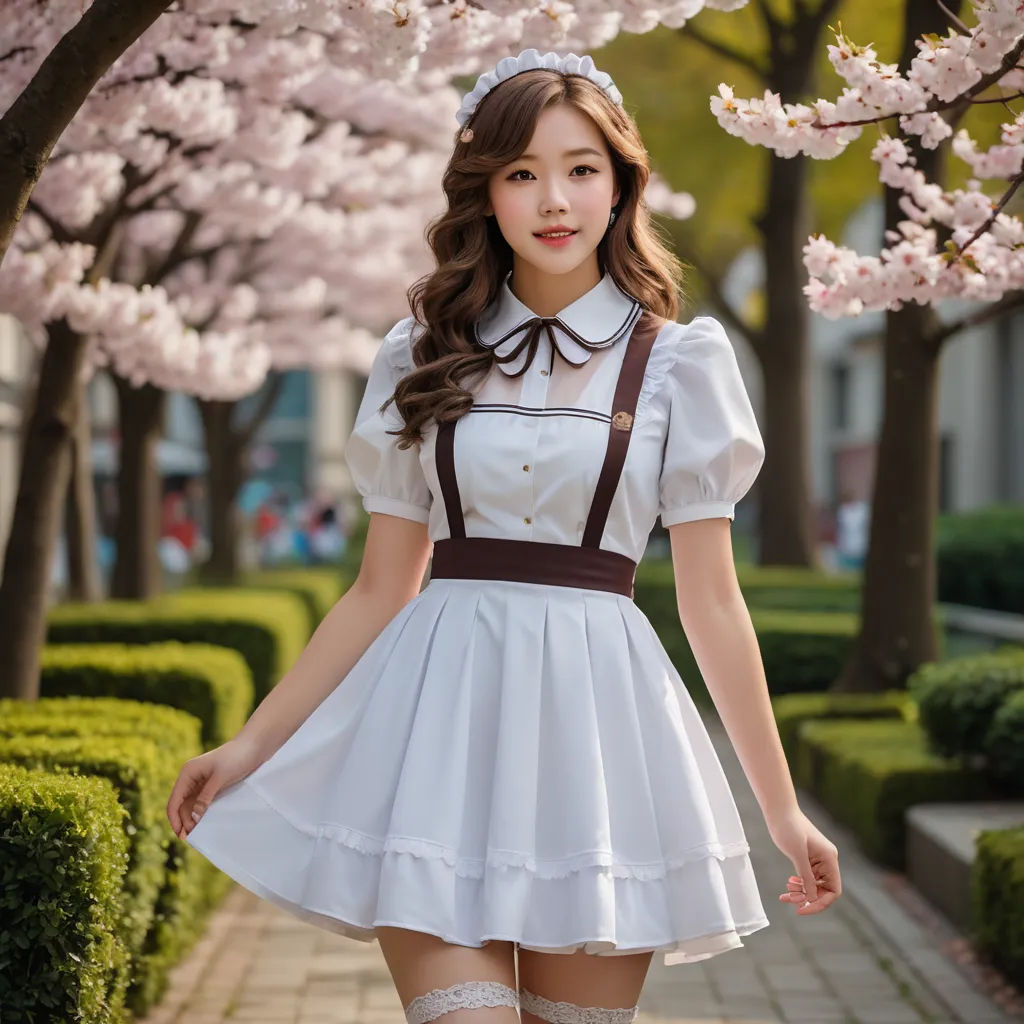 a woman in a white dress and brown suspenders is walking down a sidewalk with cherry blossom trees in the background, rococo, a character portrait, Byeon Sang-byeok, kawaii