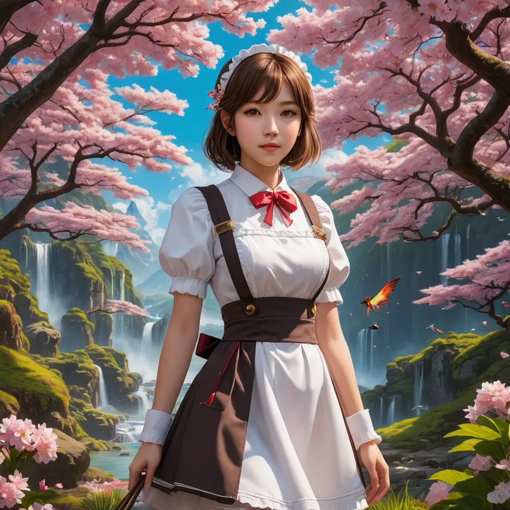 a woman in a dress standing in front of a waterfall with pink flowers and a butterfly flying over her shoulder, fantasy art, a photorealistic painting, Artgerm, stanley artgerm lau